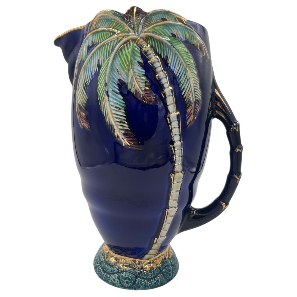Large Beswick Cobalt Blue Palm Tree Pitcher Jug 11" #1068 Vintage Ceramic